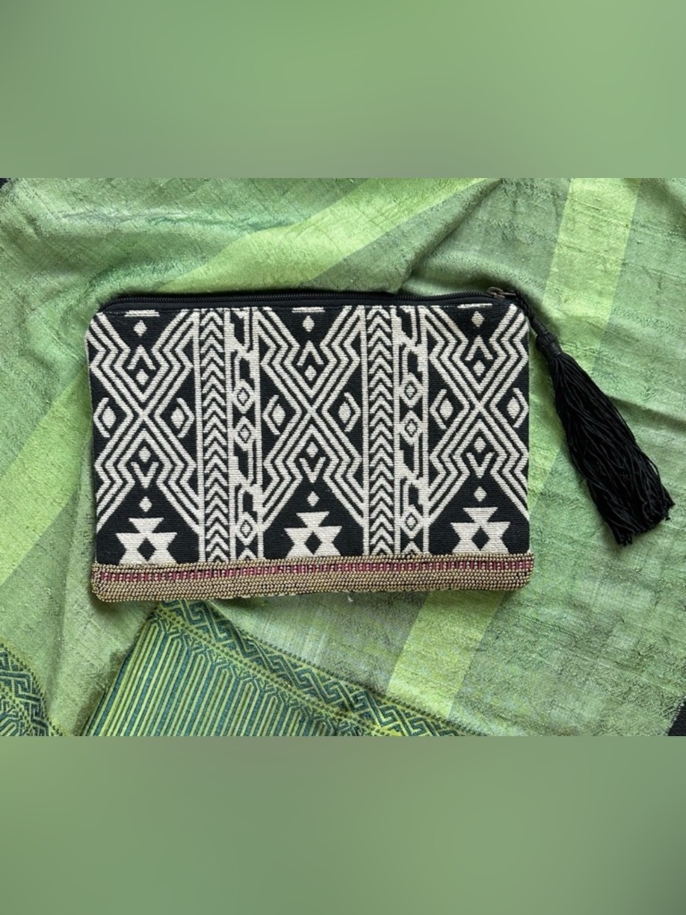 Oysho Beaded Clutch with Black Tassel & Zipper